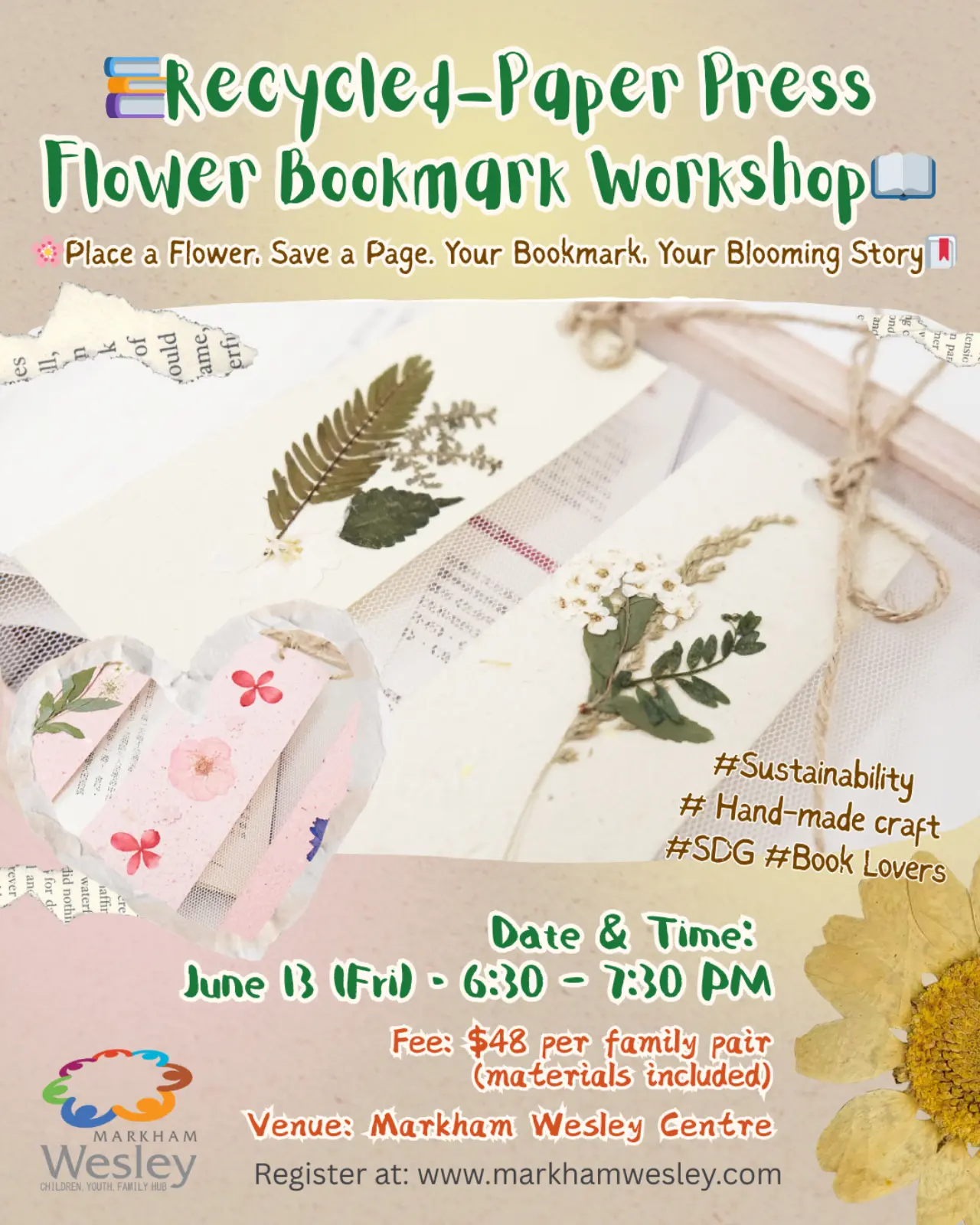 Markham_Wesley_Centre_recycle_paper_press_flower_bookmark_workshop